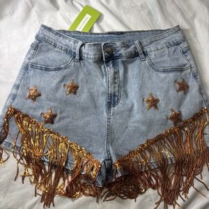 Woman's Las‎ Vegas Sequin Booty Shorts Size XL NWT Bling Star And Tassels